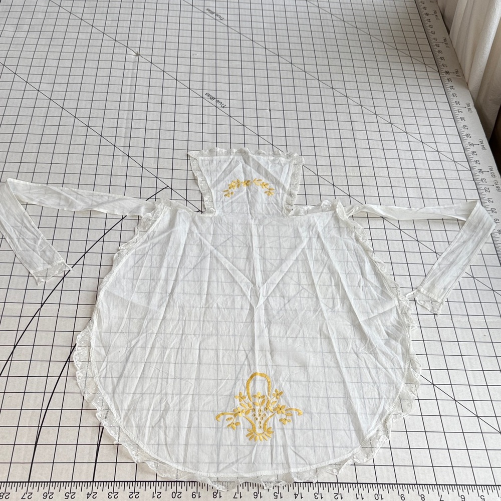 Vintage 1940s Sheer White Cotton Pinner Apron with Yellow Embroidery & Lace Trim
